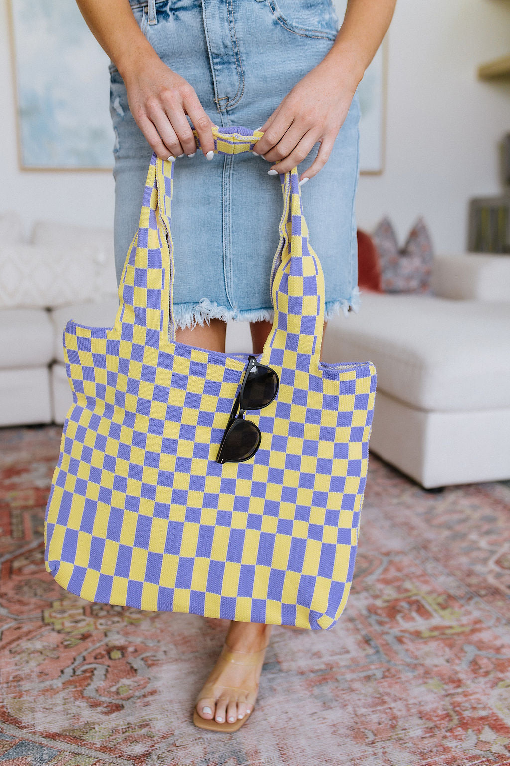 Checkerboard Lazy Wind Big Bag in Lilac & Yellow Tote Bag