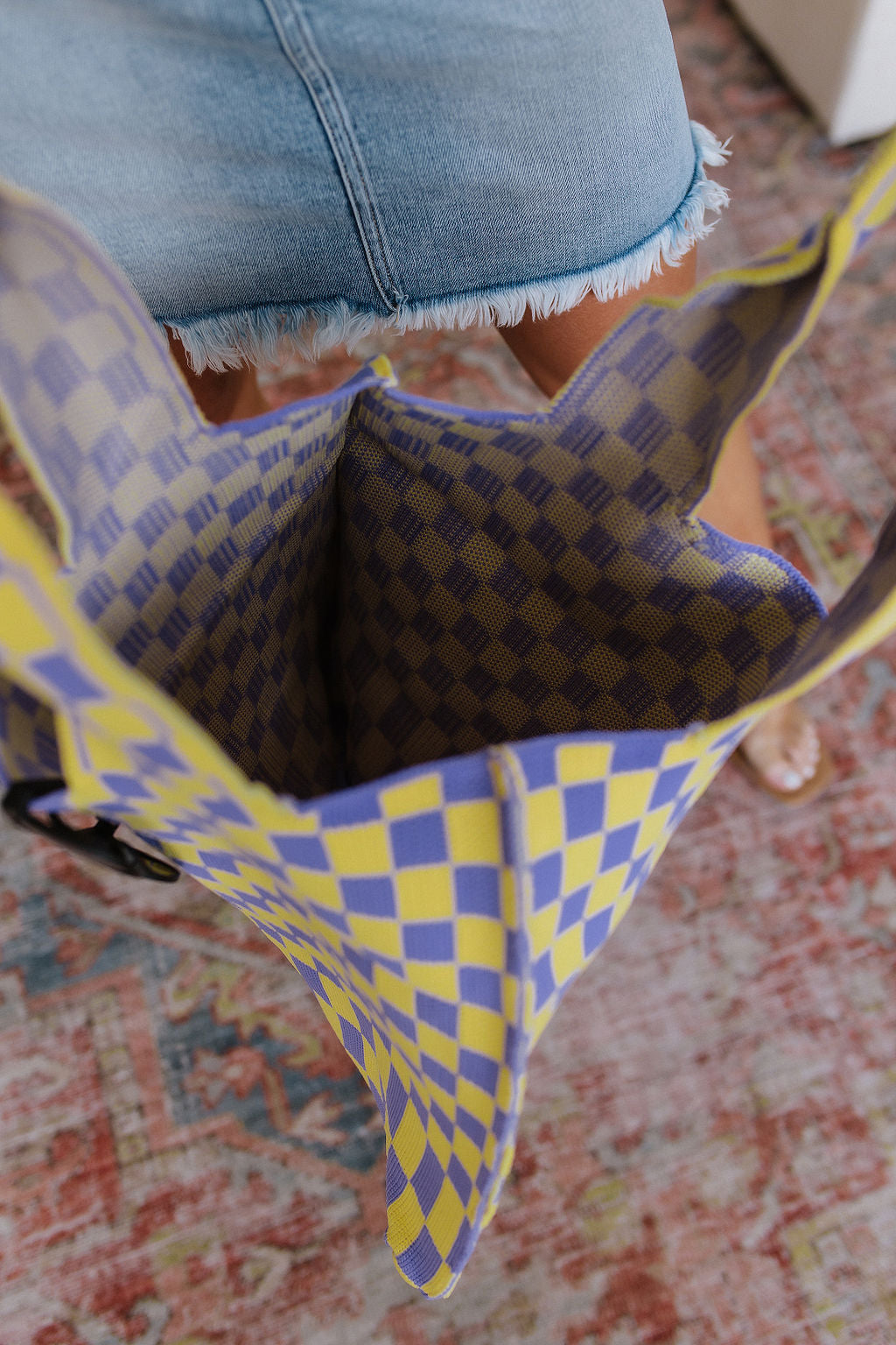 Checkerboard Lazy Wind Big Bag in Lilac & Yellow Tote Bag