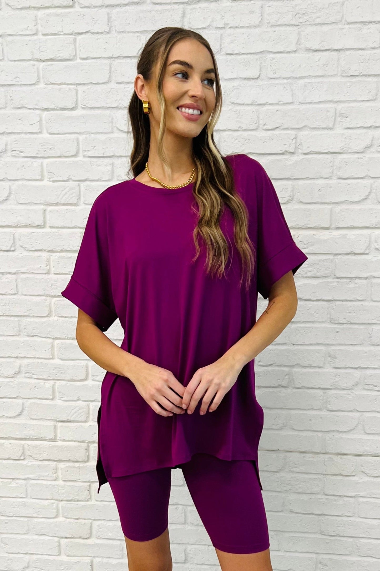 Zenana Comfy Cruising Top and Biker Shorts Set in Lt Plum