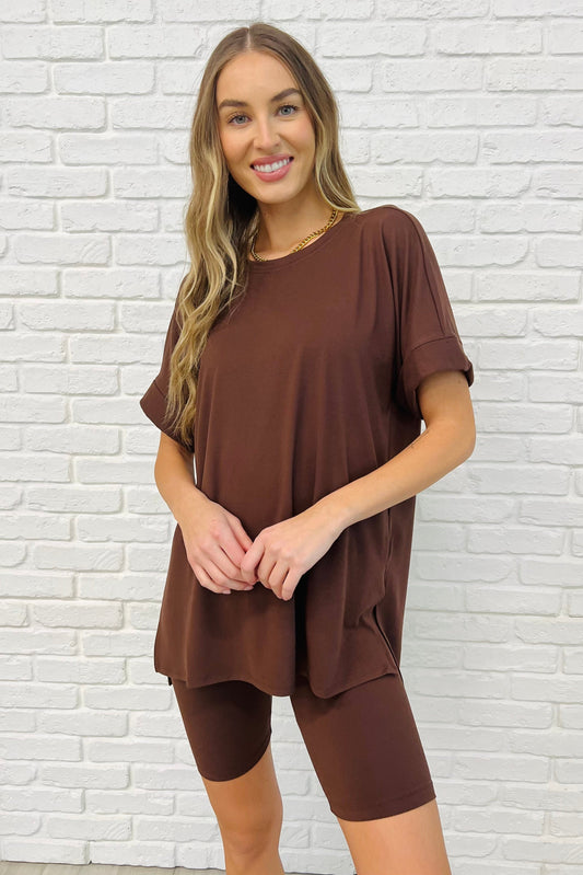 Zenana Comfy Cruising Top and Biker Shorts Set in Mahogany