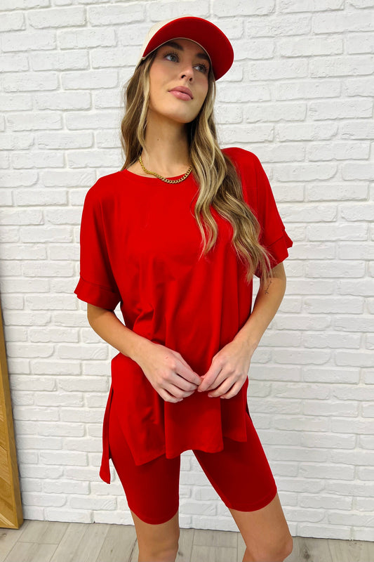 Zenana Comfy Cruising Top and Biker Shorts Set in Ruby