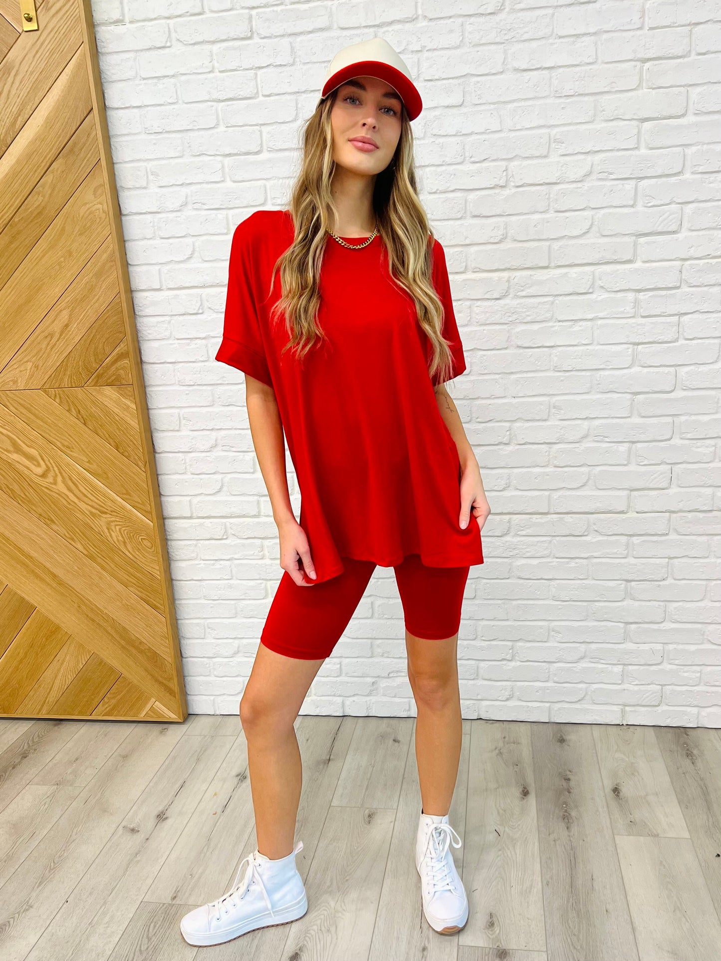 Zenana Comfy Cruising Top and Biker Shorts Set in Ruby