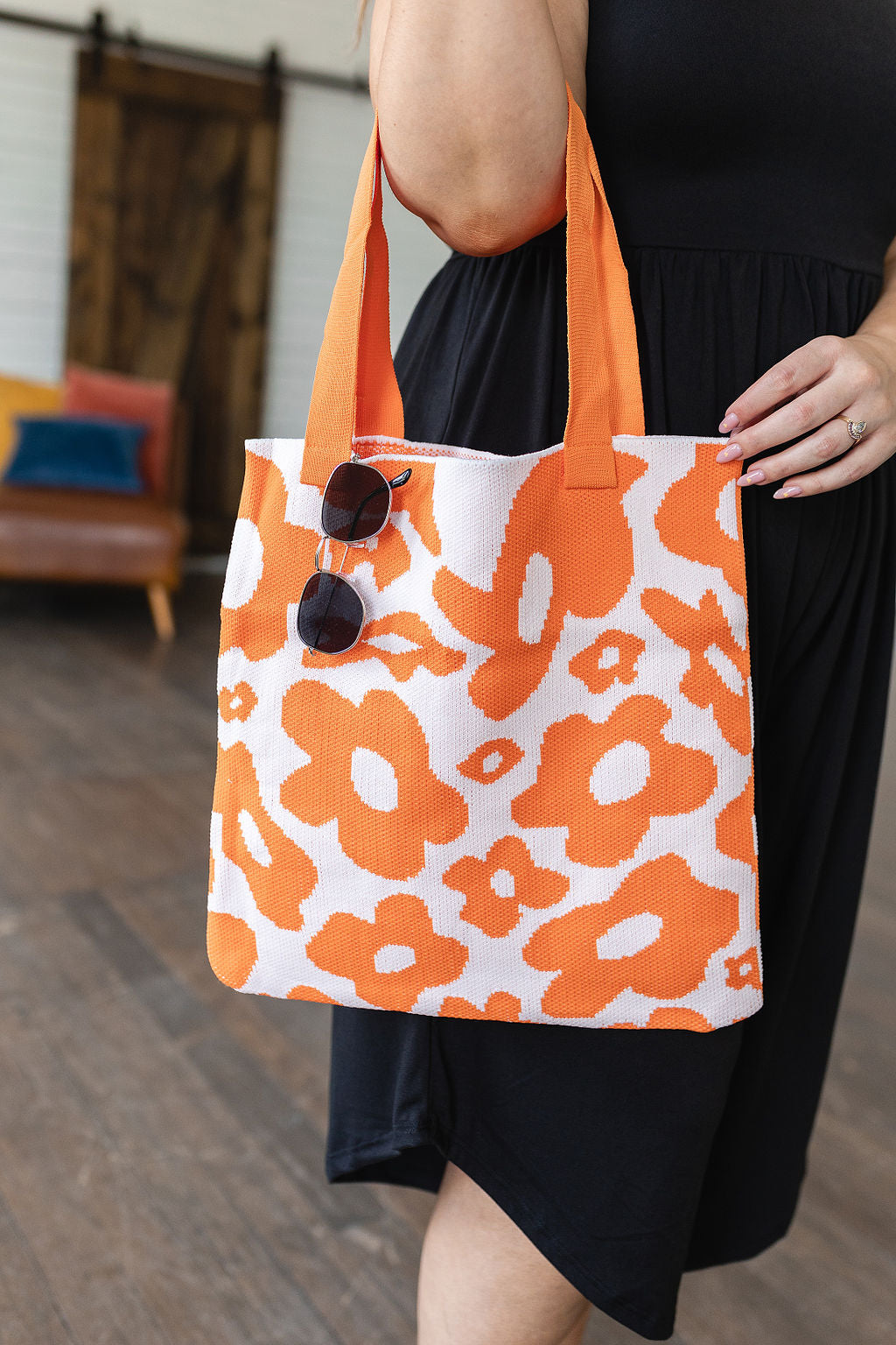 Lazy Daisy Knit Bag in Orange Crochet Tote