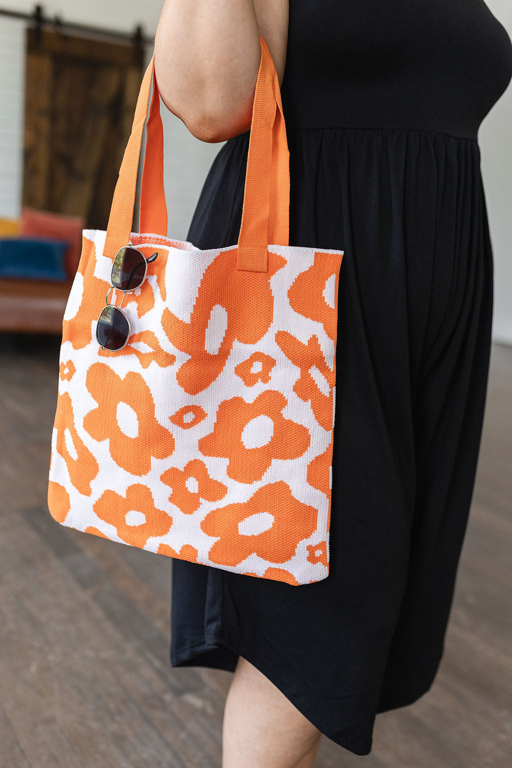 Lazy Daisy Knit Bag in Orange Crochet Tote